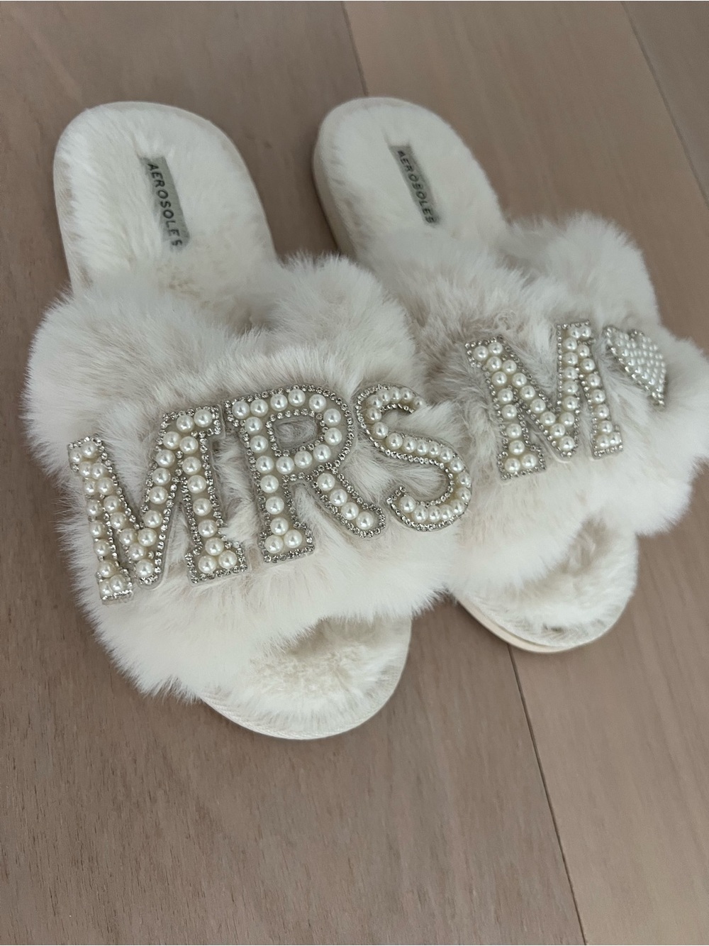 Aerosoles Pearl-Embellished Fur Slide Sandals - Ivory White - Mrs. M Bride